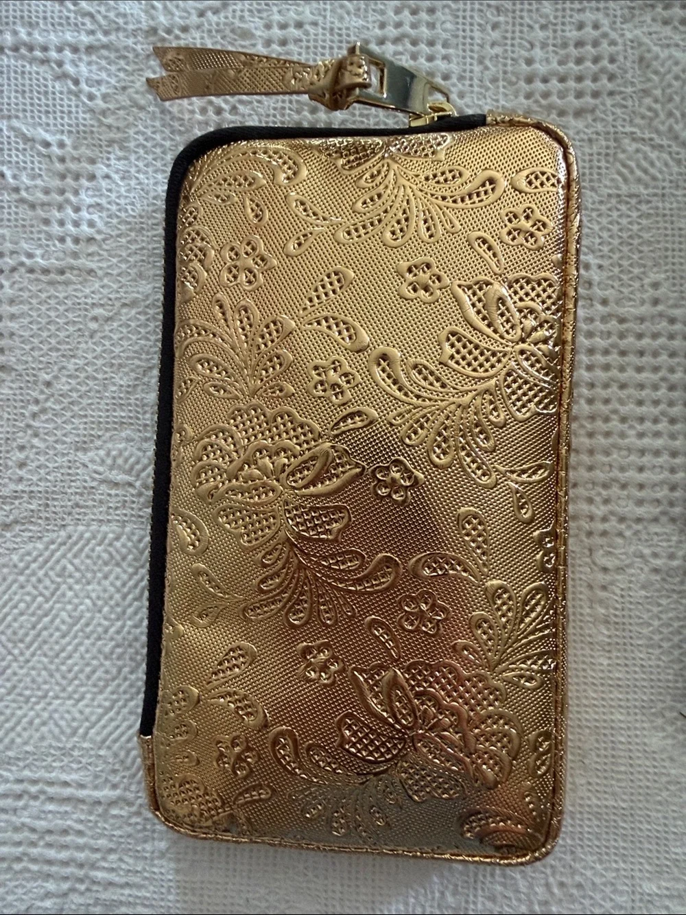 Gold Floral Embossed Phone Wallet Case with Matching Strap